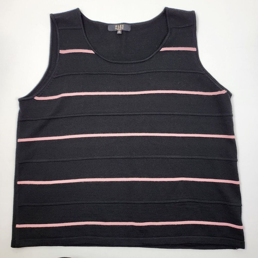 Alex Marie Women's Black Pink Stripes Knit Wool Blend Tank Crew Neck Size 2XL